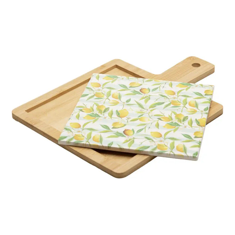 Kit Tábua Bambu Bandeja Cerâmica Faca Siciliano 3 Peças C953 Geométrico Amarelo