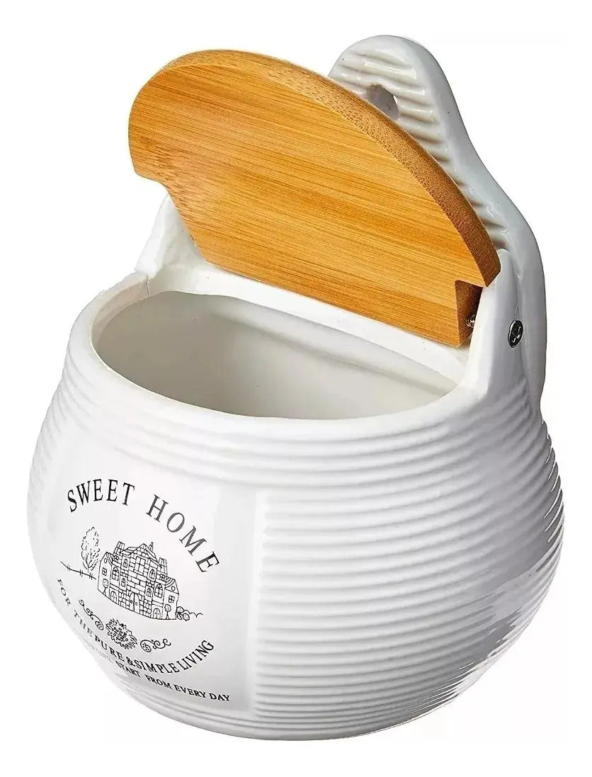 Saleiro De Parede Porcelana Com Tampa De Madeira Lyor 8059 Branco
