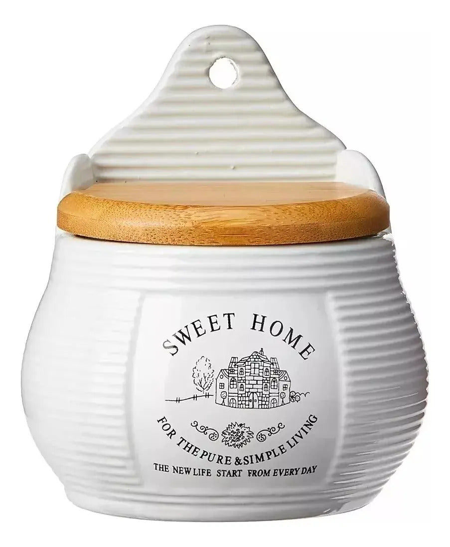 Saleiro De Parede Porcelana Com Tampa De Madeira Lyor 8059 Branco