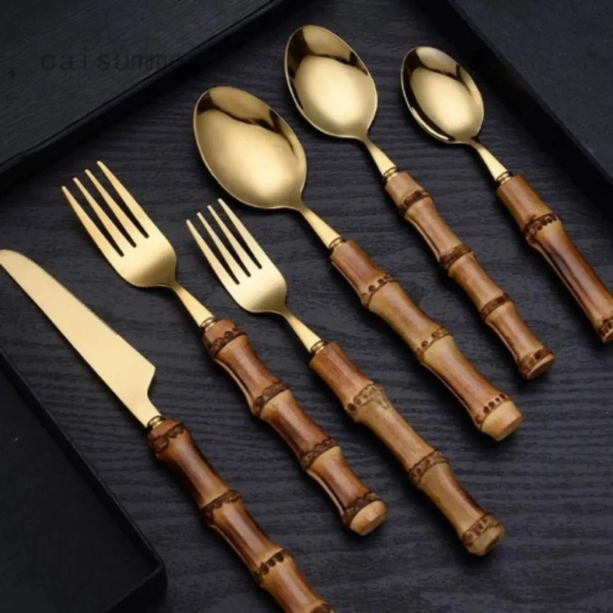 Faqueiro 24 Pcs Bambu Aço Inox Dourado Bon Gourmet