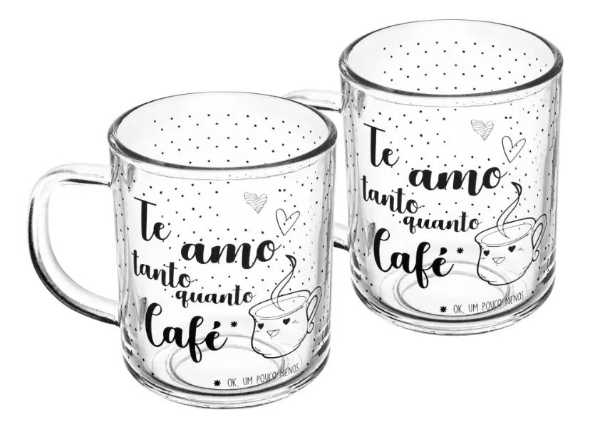 Jogo 2 Canecas Em Vidro Te Amo Tanto Quanto Café 220ml  Lyor Transparente Te Amo Tanto Quanto Café