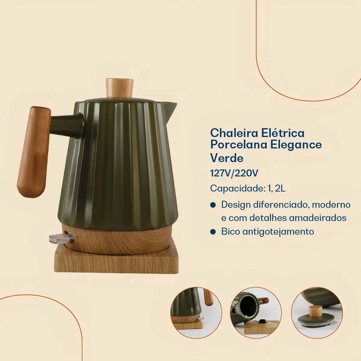 Chaleira Elétrica Porcelana Elegance Tuut Cor Verde Com Madeira 220v