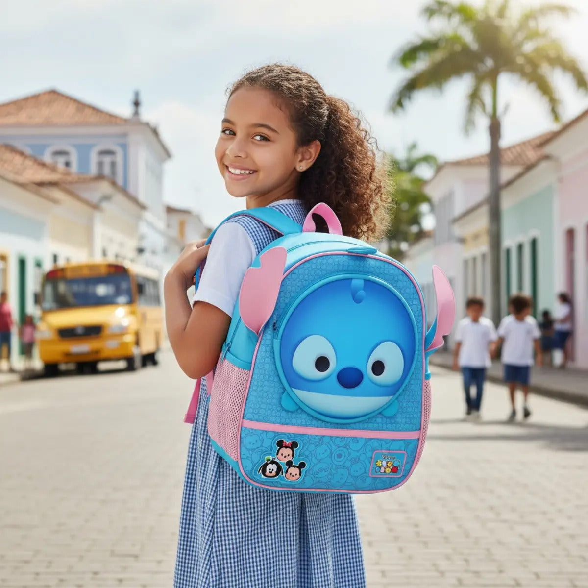 Mochila Disney Infantil Crianças Escola Rosto Stitch Azul Liso