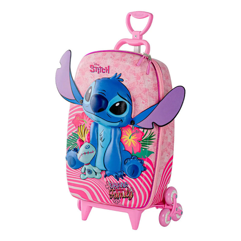 Mochila Lilo E Stitch De Rodinhas Maxtoy 3d Escolar Rosa Liso