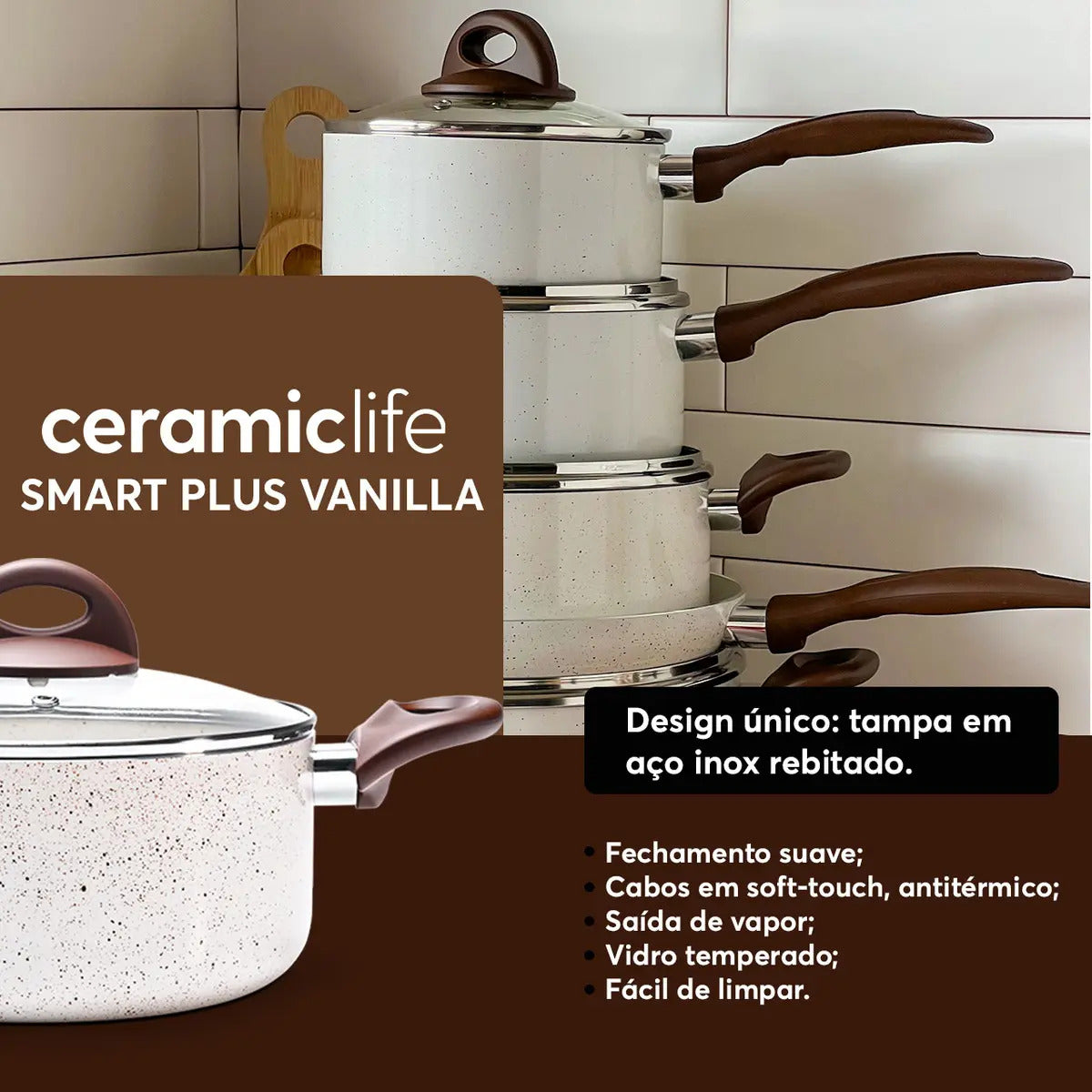 Jogo De Panelas Smart Plus Vanilla Indução Cerâmico 5peças Brinox 4774/101
