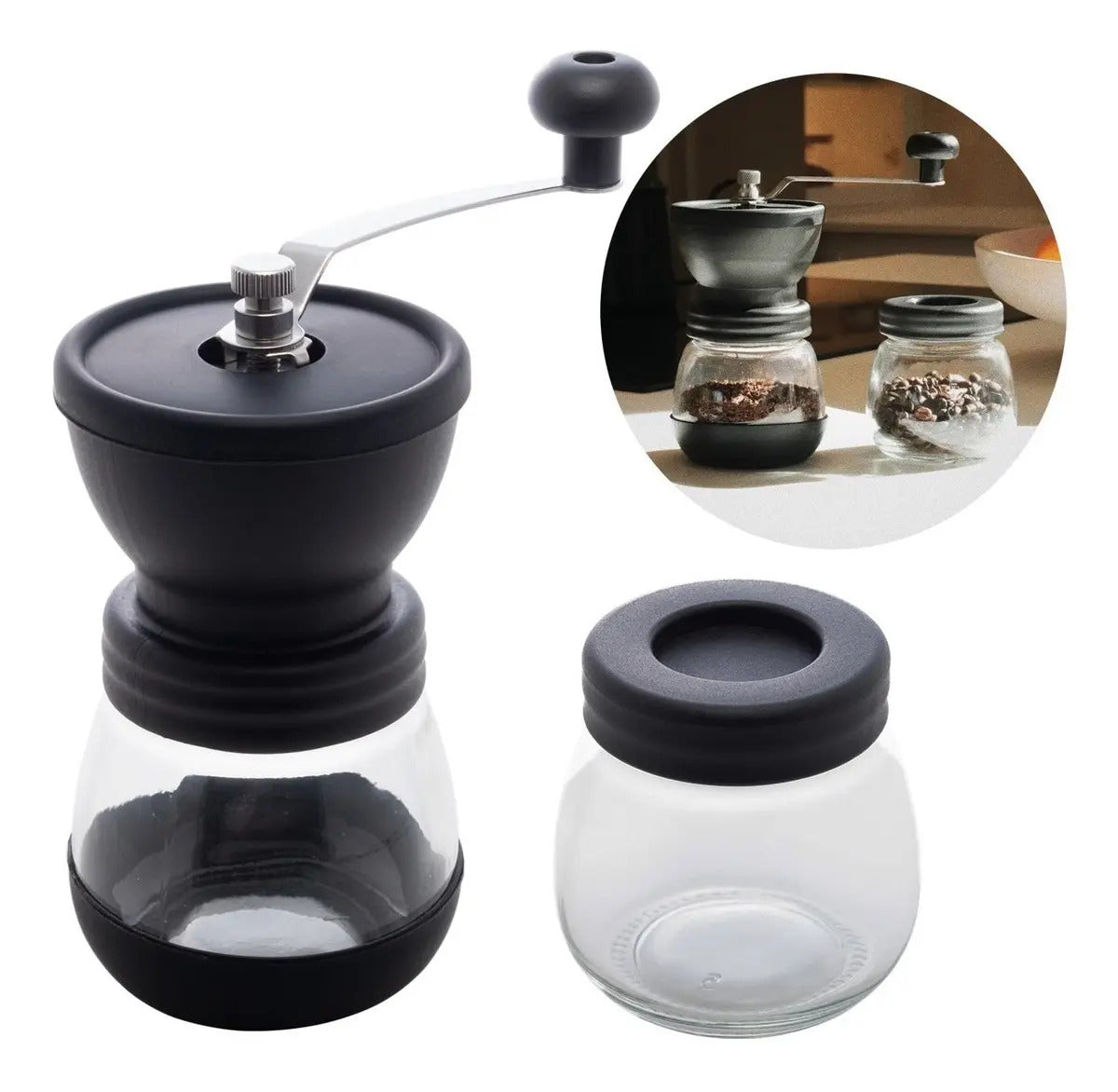 Moedor De Café De Aço Inox Com Porta Pó Extra De Vidro Lyor Preto