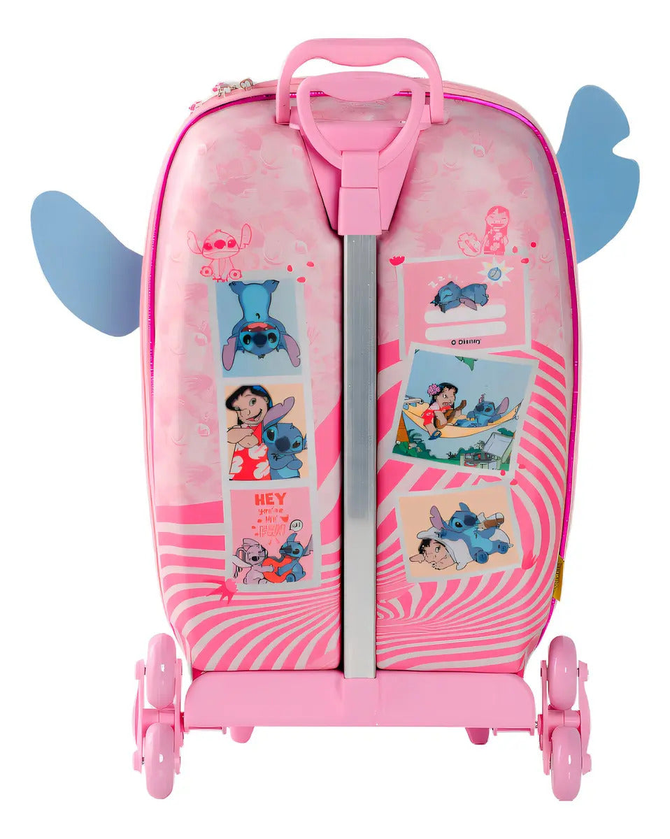 Mochila Lilo E Stitch De Rodinhas Maxtoy 3d Escolar Rosa Liso
