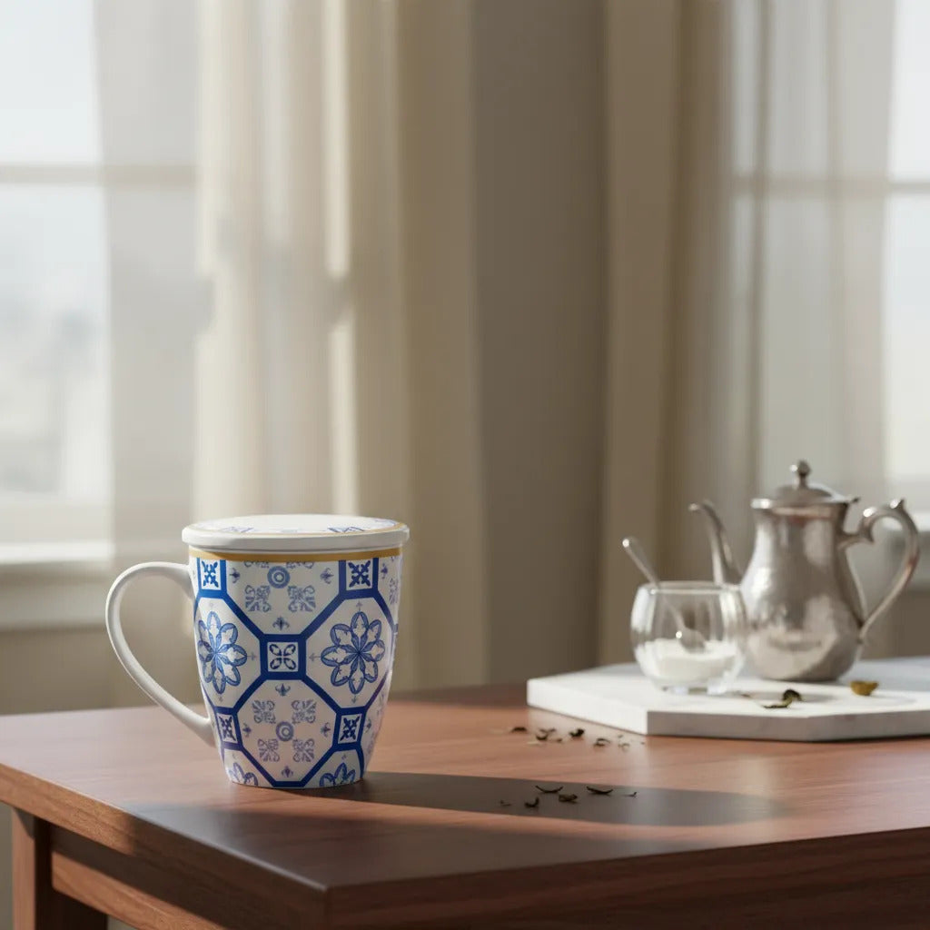 Caneca Lyor Braga De Porcelana Super White Azul Branca 340ml Azul
