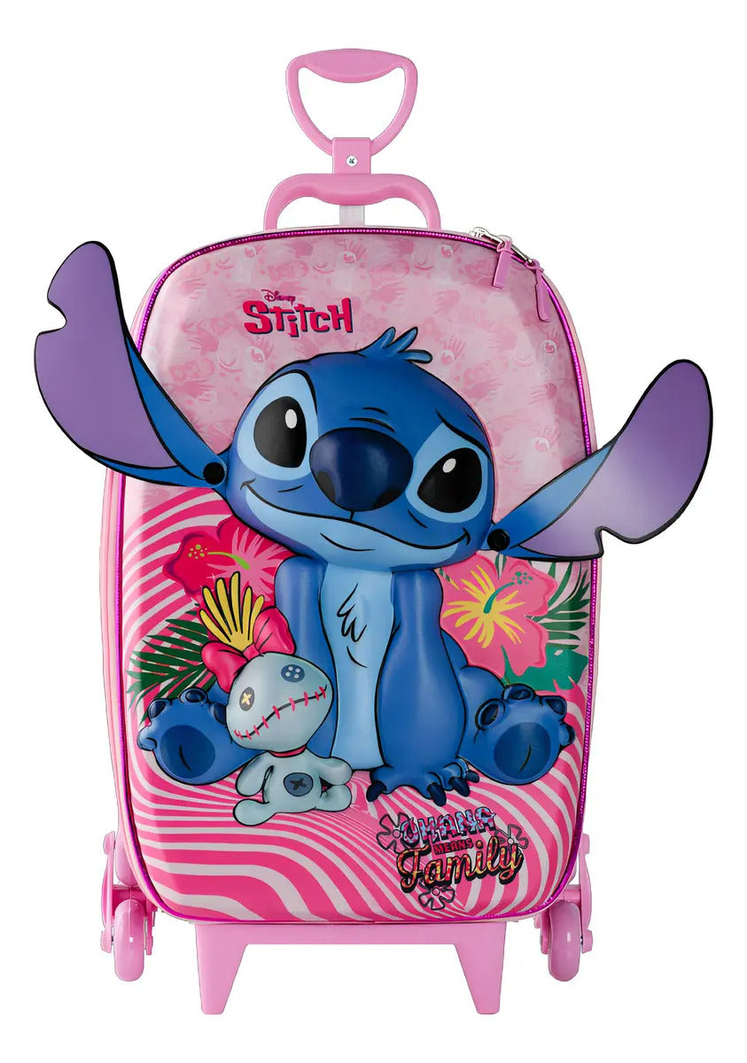 Mochila Lilo E Stitch De Rodinhas Maxtoy 3d Escolar Rosa Liso