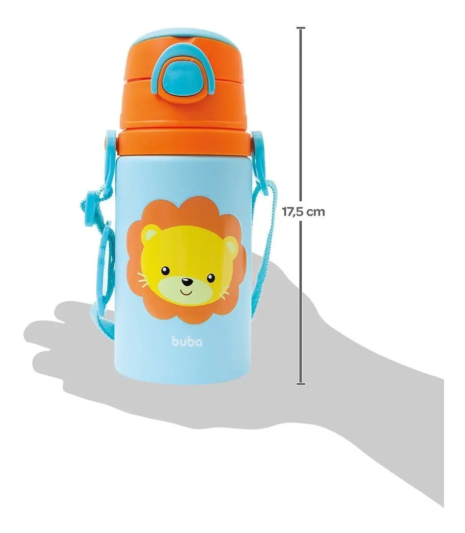 Garrafinha De Aluminio Animal Canudo Retratil Fun Leao Buba Cor Azul