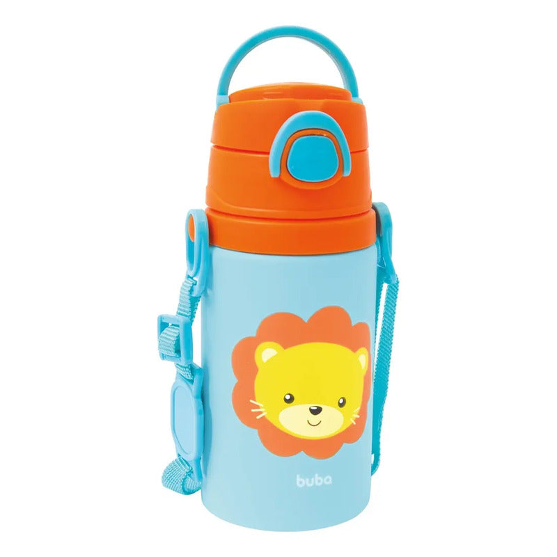 Garrafinha De Aluminio Animal Canudo Retratil Fun Leao Buba Cor Azul