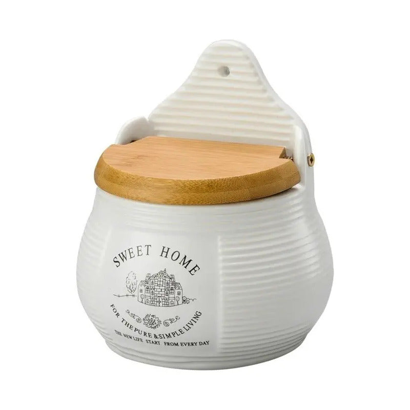 Saleiro De Parede Porcelana Com Tampa De Madeira Lyor 8059 Branco