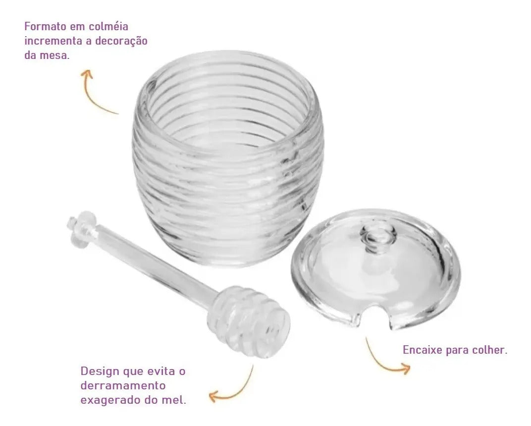 Meleira Vidro Cristal Colmeia 210ml Com Tampa Pegador Importss