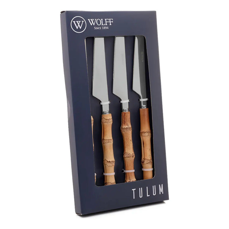 Kit 4 Facas Em Aço Inox - Wolff Tulum - Cabo Bambu Natural Prateado