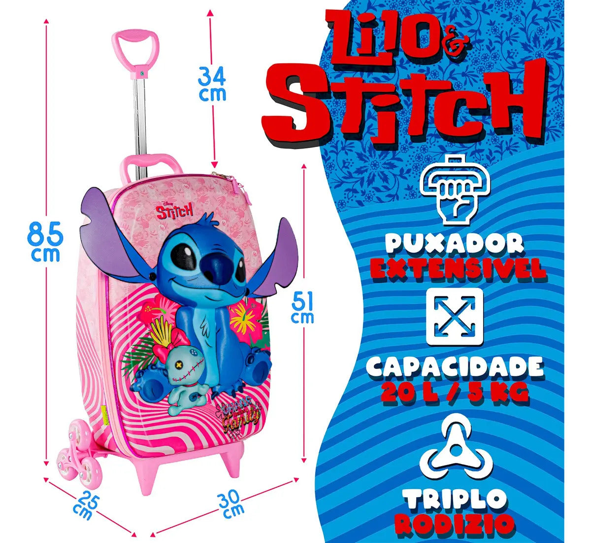 Mochila Lilo E Stitch De Rodinhas Maxtoy 3d Escolar Rosa Liso
