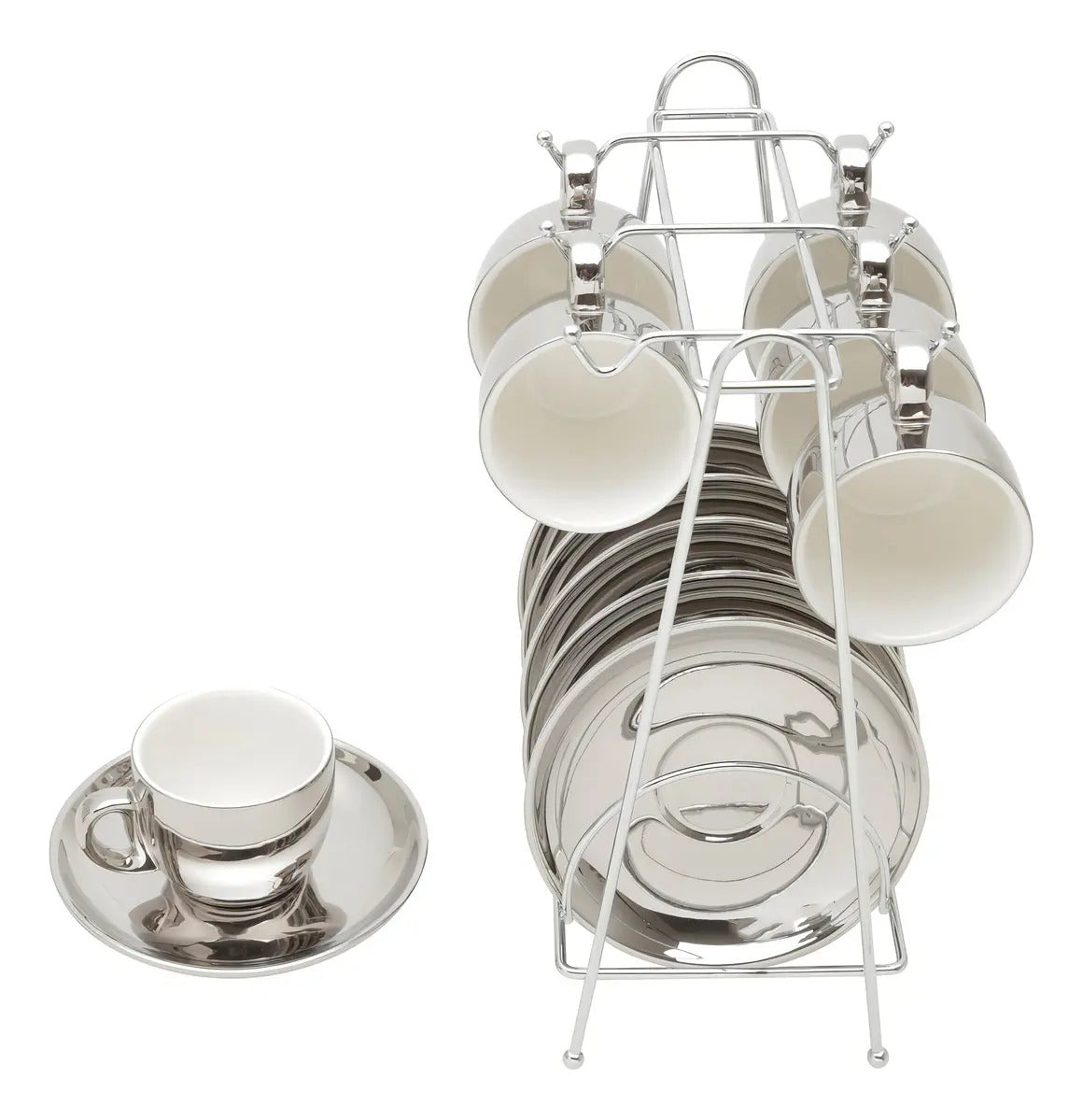 Cj 6 Xicaras Cafe Porcelana C/pires C/suporte Prata 90ml Preto Direito