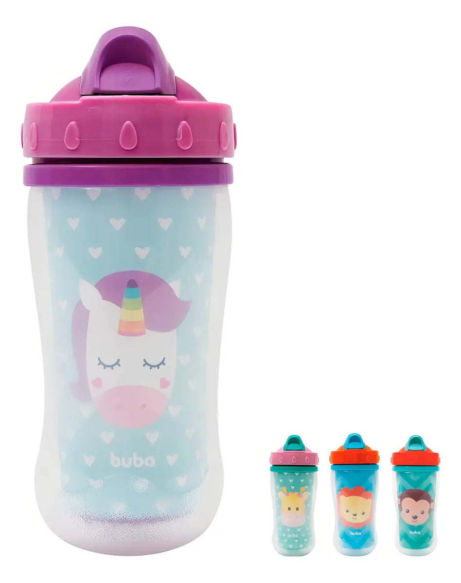 Copo Infantil Parede Dupla Animal Fun Unicórnio Canudo Buba