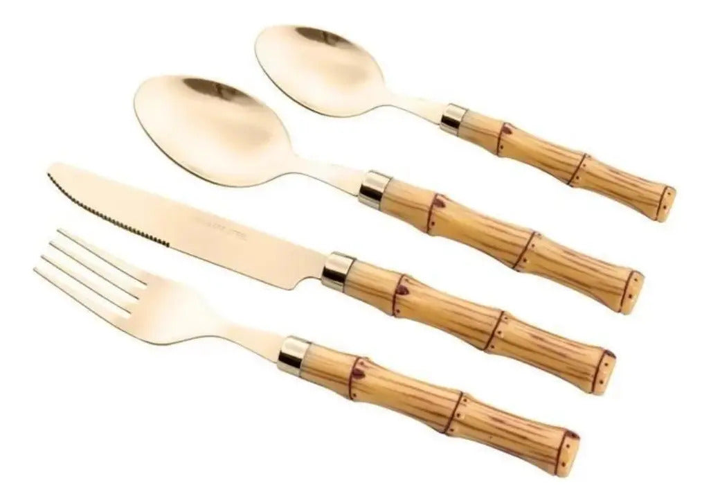 Faqueiro 24 Pcs Bambu Aço Inox Dourado Bon Gourmet