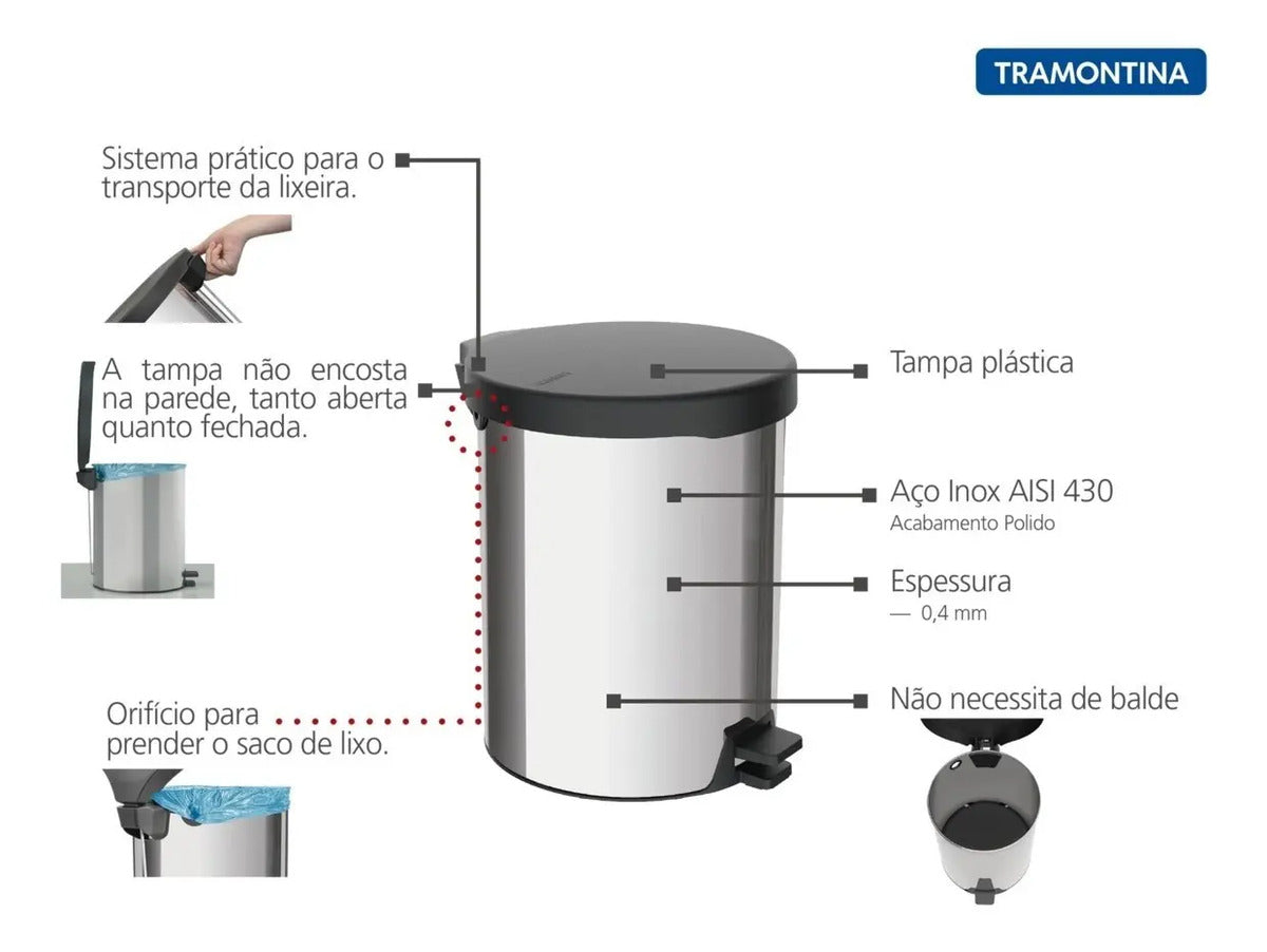 Lixeira Com Pedal New Tramontina 12l Aço Inoxidável Preta Grafite