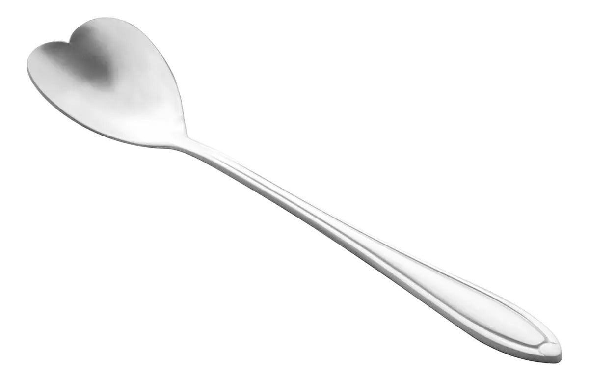 Jogo De Colher De Sobremesa Prateada Design Coração Inox 4un Cabo Prateado
