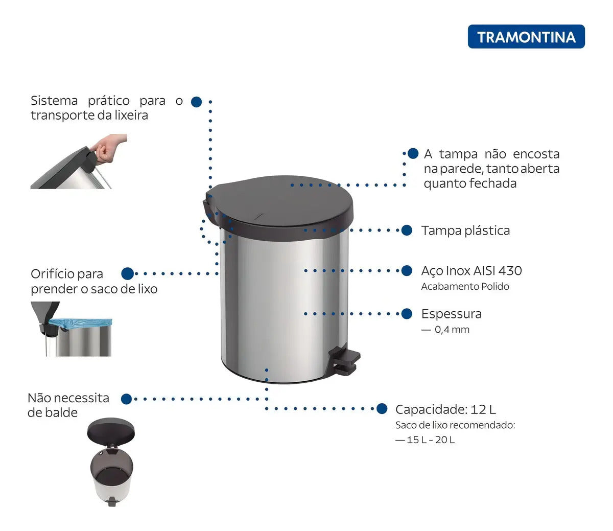 Lixeira Com Pedal New Tramontina 12l Aço Inoxidável Preta Grafite