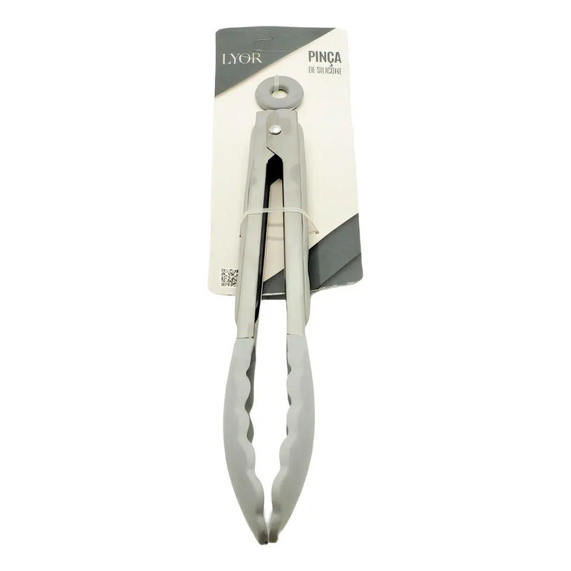 Pegador Pinça Inox C/ Ponta Em Silicone Cinza Lyor