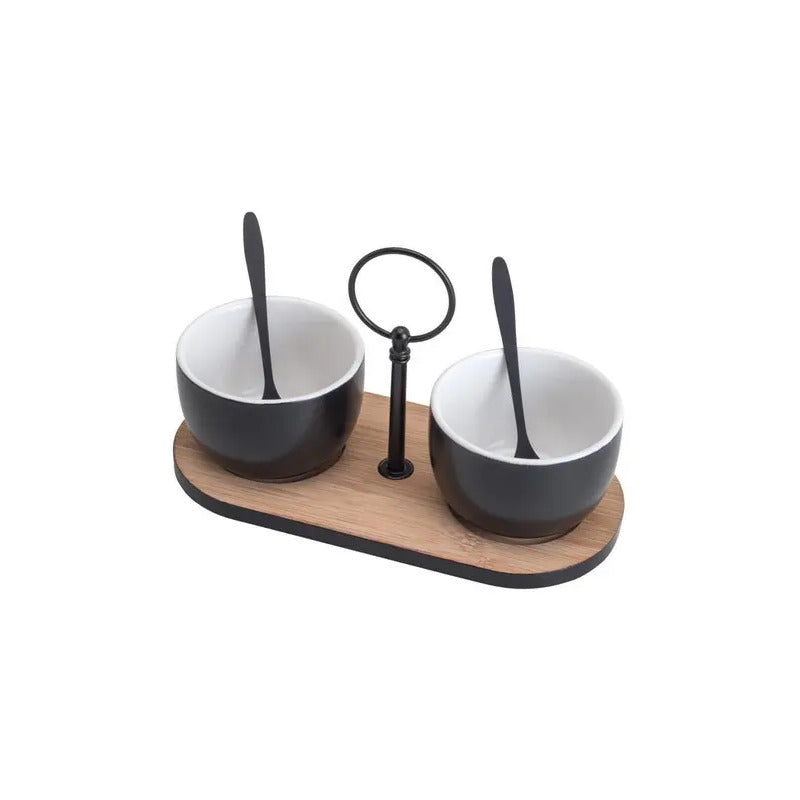 Bandeja De Bambu Com 2 Molheiras E 2 Colheres 20x9,5cm