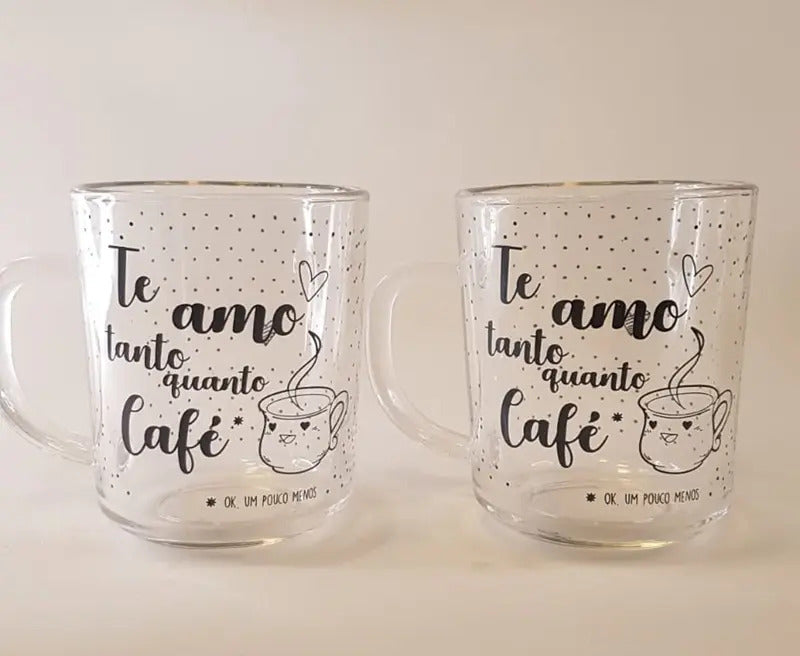 Jogo 2 Canecas Em Vidro Te Amo Tanto Quanto Café 220ml  Lyor Transparente Te Amo Tanto Quanto Café