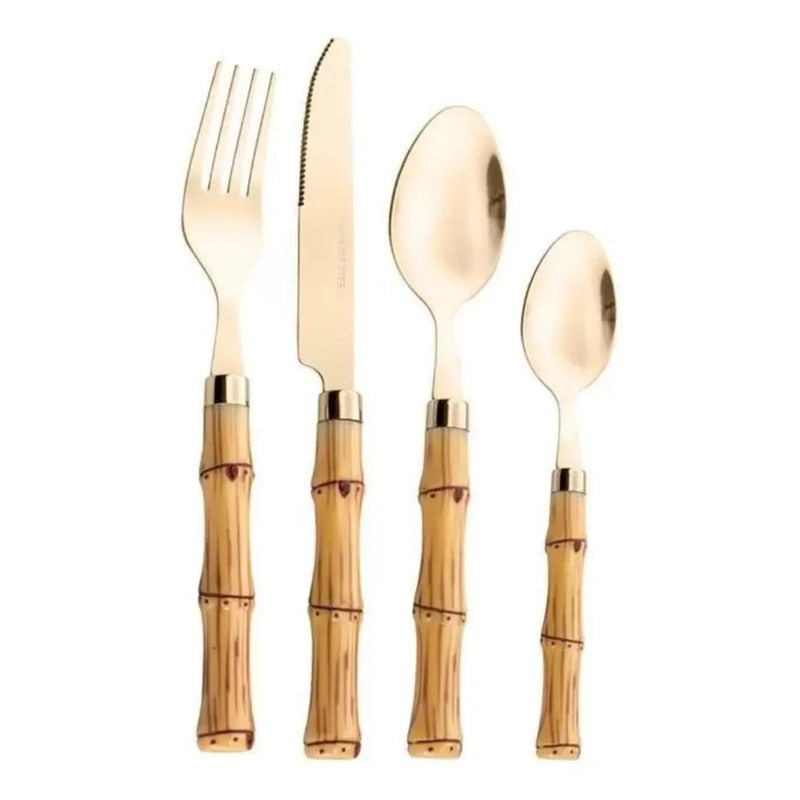 Faqueiro 24 Pcs Bambu Aço Inox Dourado Bon Gourmet