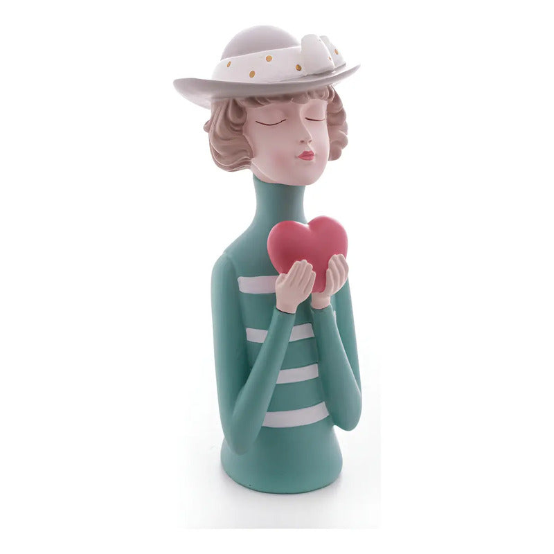 Escultura Decor De Resina Mulher Boneca C/coração Vermelho Vermelho