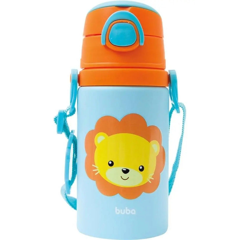 Garrafinha De Aluminio Animal Canudo Retratil Fun Leao Buba Cor Azul