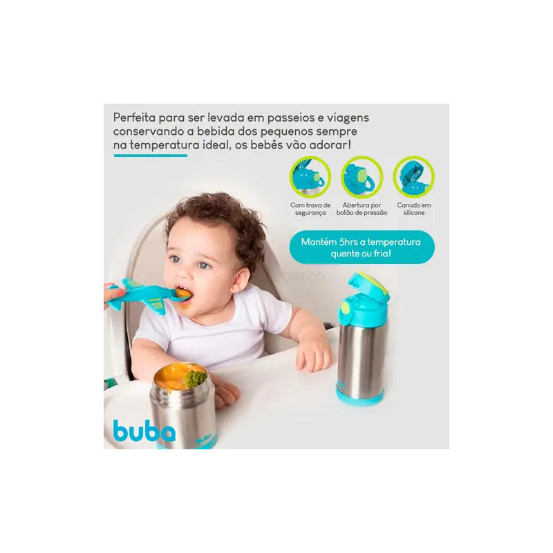 Garrafa Térmica Azul 400ml Bpa Free Com Canudo Buba Azul