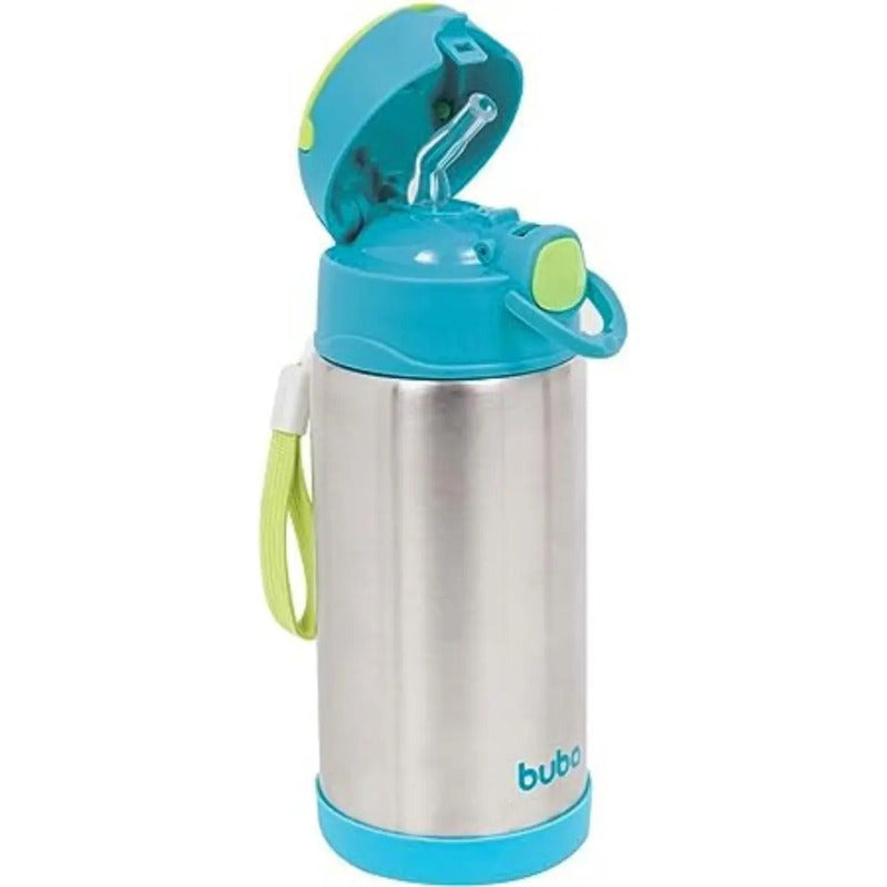 Garrafa Térmica Azul 400ml Bpa Free Com Canudo Buba Azul