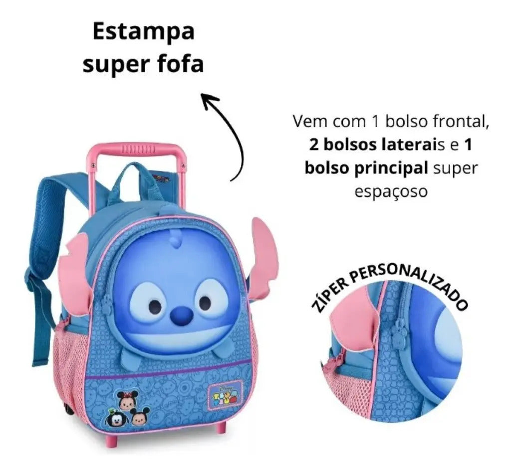 Mochila Escolar De Carrinho Para Criança Stitch Tsum Tsum 13  Azul Geométrico