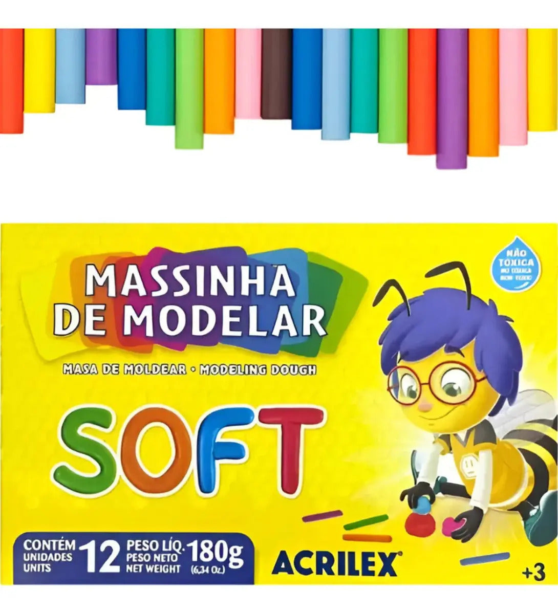 Massinha De Modelar Soft Acrilex 12 Cores Multicor Não Tóxica Infantil Mulitcor