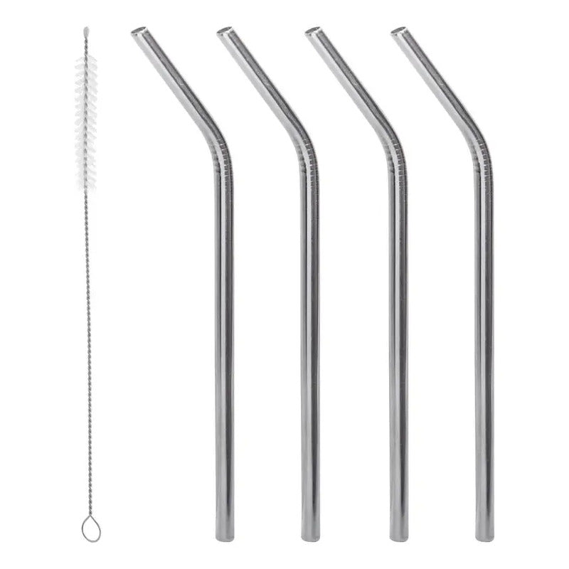 4 Canudos De Aço Inox Reutilizáveis Com Escova Para Limpeza Prata