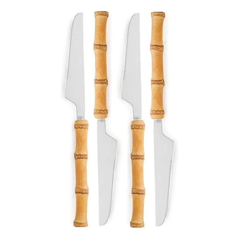 Kit 4 Facas Em Aço Inox - Wolff Tulum - Cabo Bambu Natural Prateado