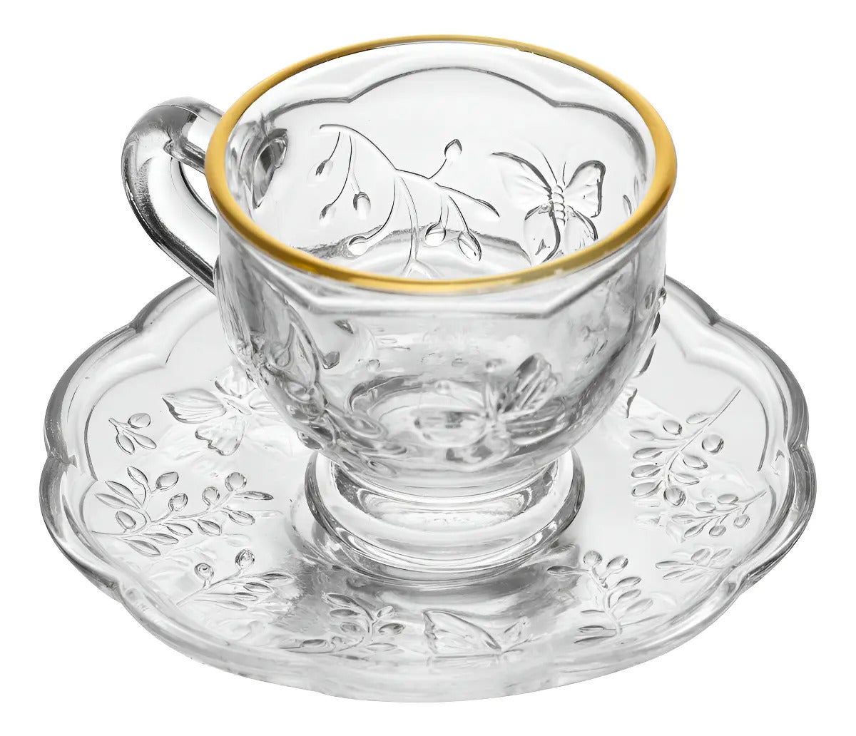 Xícara Café Pires New Butterfly Fio Ouro 80ml Cristal Lyor Transparente Liso