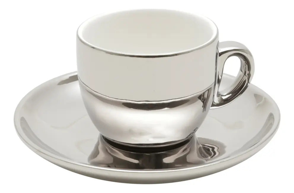 Cj 6 Xicaras Cafe Porcelana C/pires C/suporte Prata 90ml Preto Direito