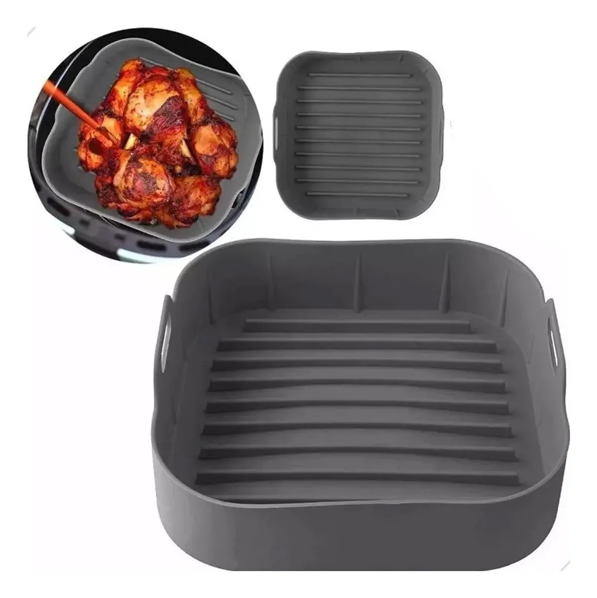 Kit 2 Forma P/airfryer Multiuso Quadrada Silicone 16cm Cinza