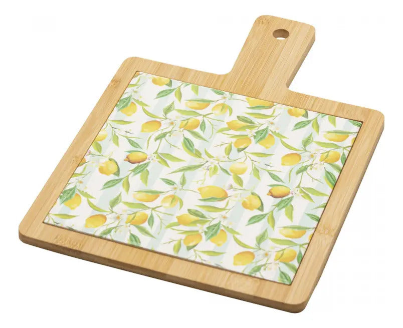 Kit Tábua Bambu Bandeja Cerâmica Faca Siciliano 3 Peças C953 Geométrico Amarelo