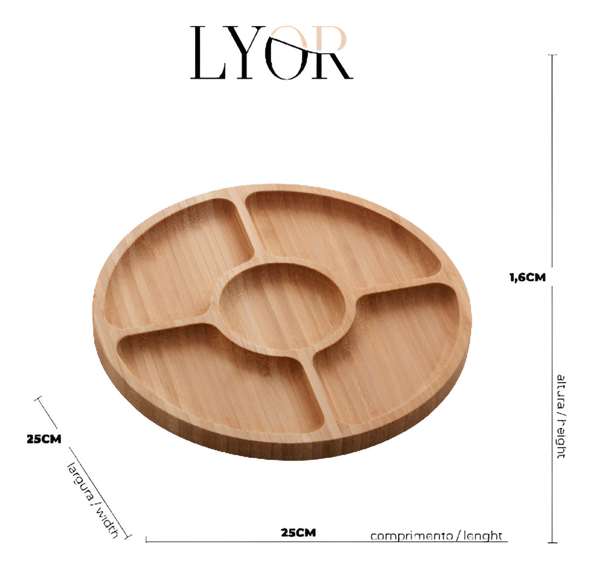 Petisqueira De Bambu Com 5 Divisórias Round 25cm X 25cm X 1, Bambu
