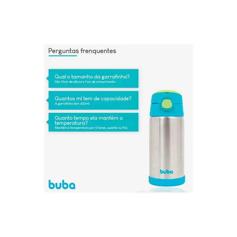 Garrafa Térmica Azul 400ml Bpa Free Com Canudo Buba Azul