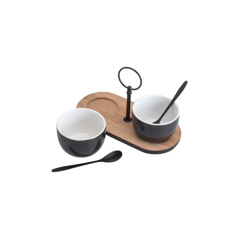 Bandeja De Bambu Com 2 Molheiras E 2 Colheres 20x9,5cm