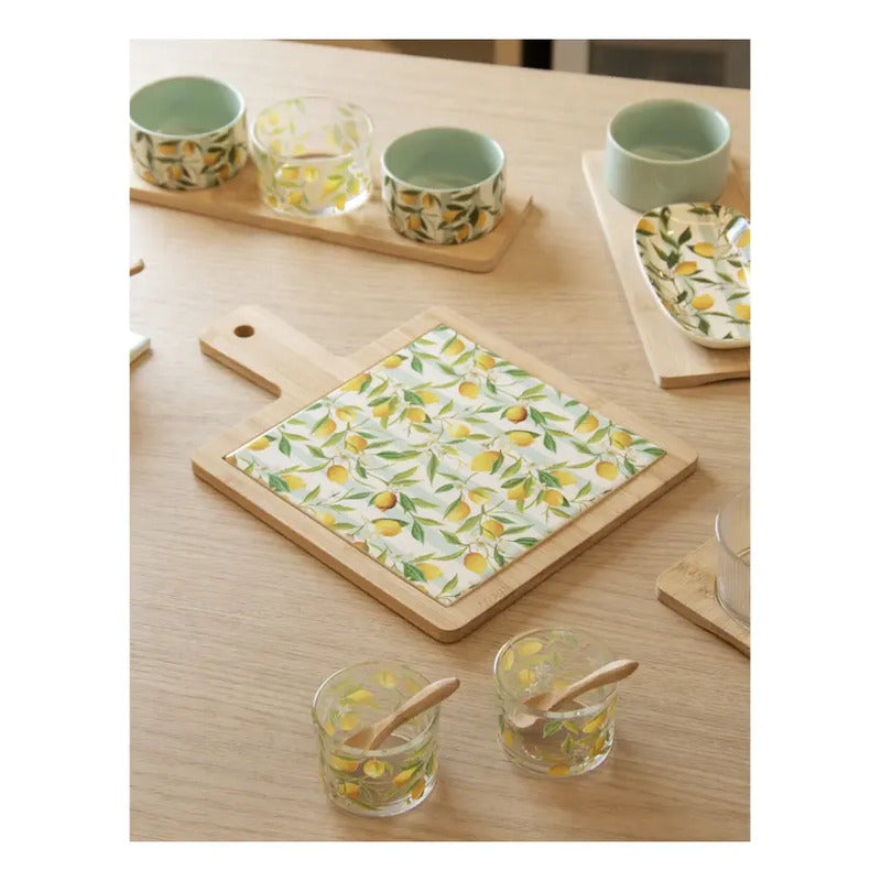 Kit Tábua Bambu Bandeja Cerâmica Faca Siciliano 3 Peças C953 Geométrico Amarelo