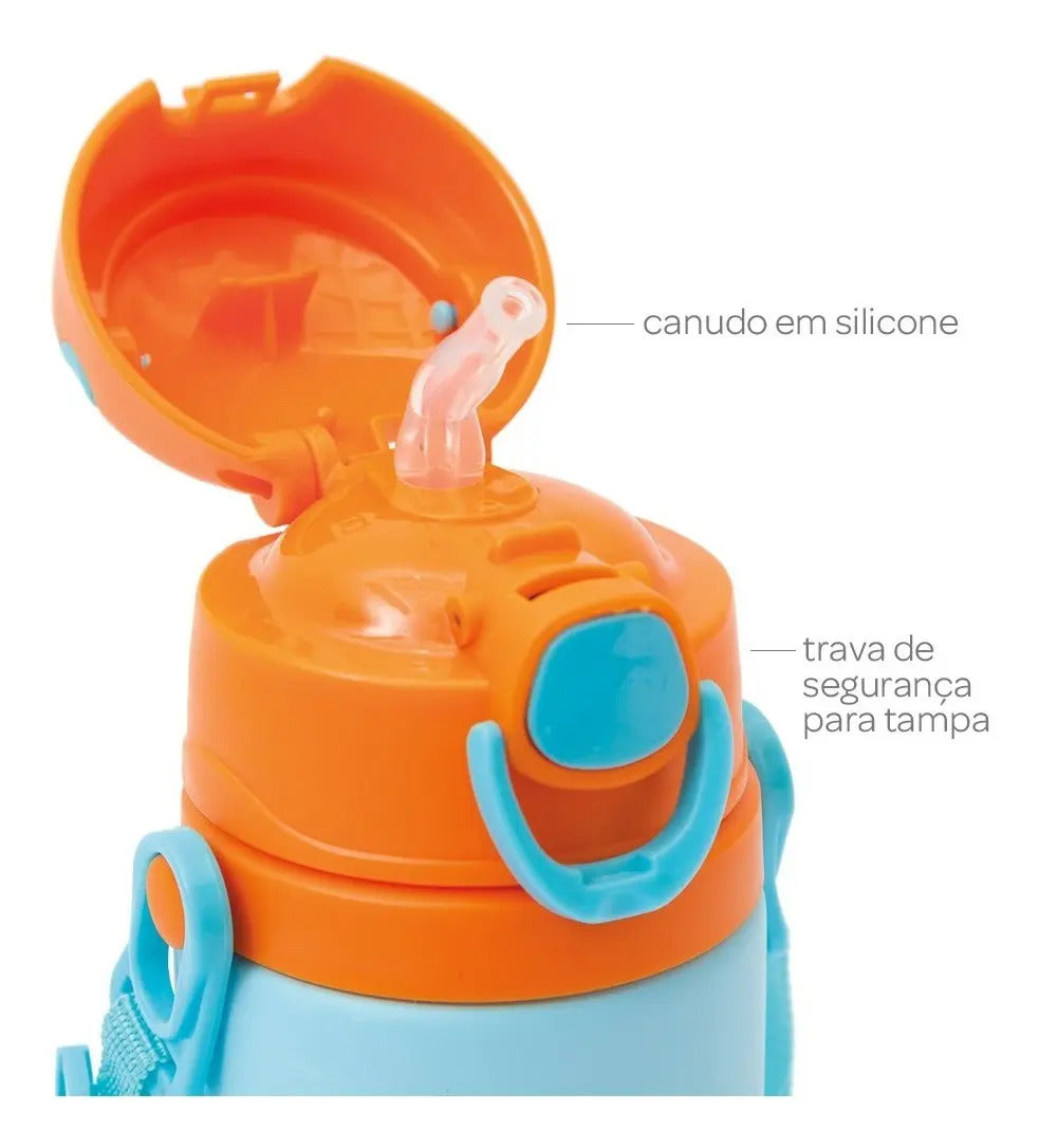 Garrafinha De Aluminio Animal Canudo Retratil Fun Leao Buba Cor Azul