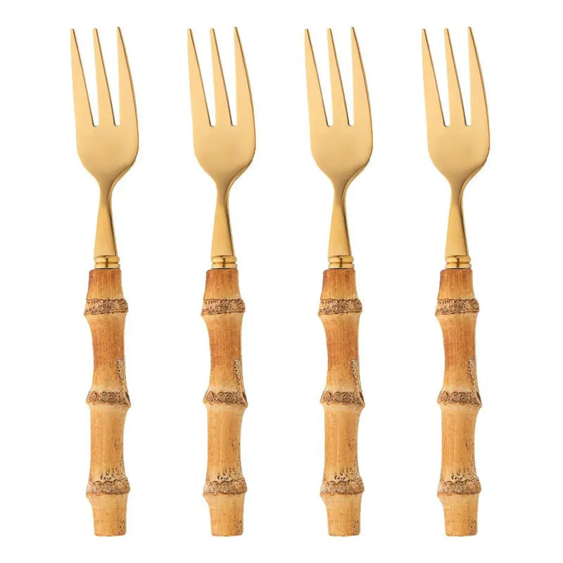 4 Garfos De Bolo Wolff Bambu Tulum De Aço Inox Dourado 16cm Dourado