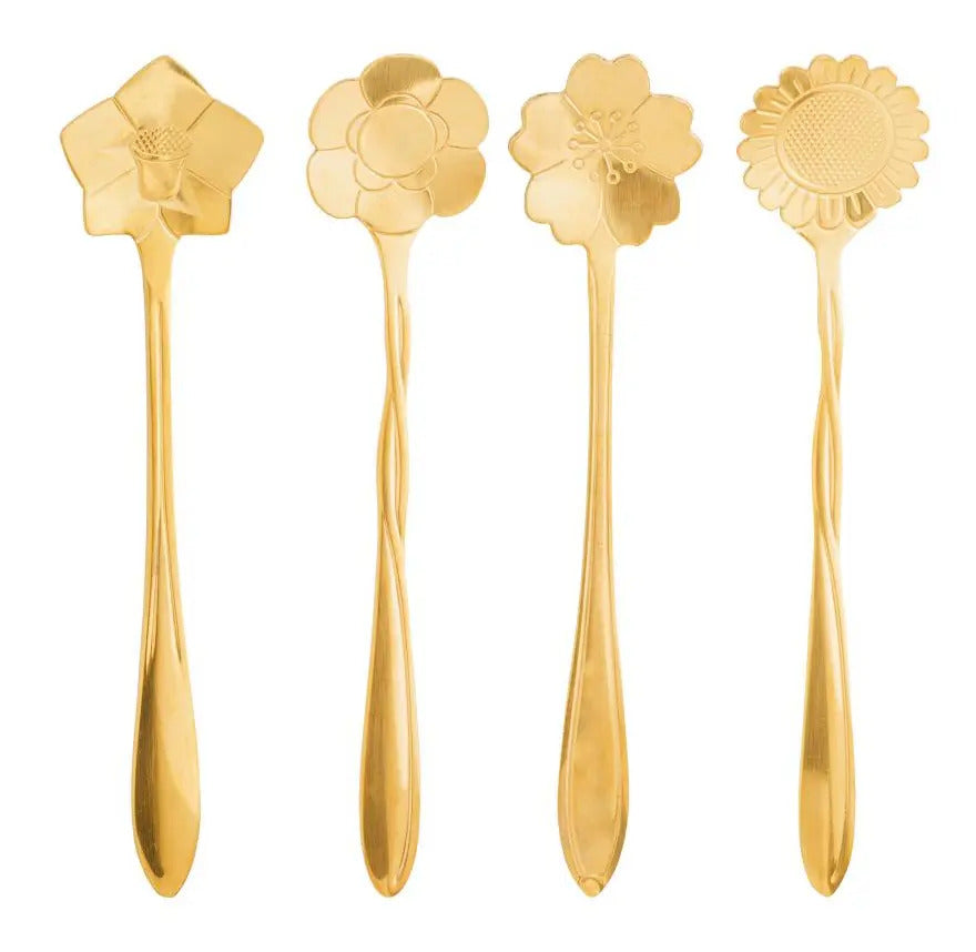 Kit 4 Colheres Chá Flores Dourado - Rojemac