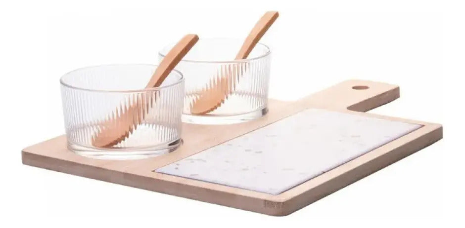 Conjunto 6 Peças Petisqueira Terrazo Colher E Bandeja Lyor Madeira