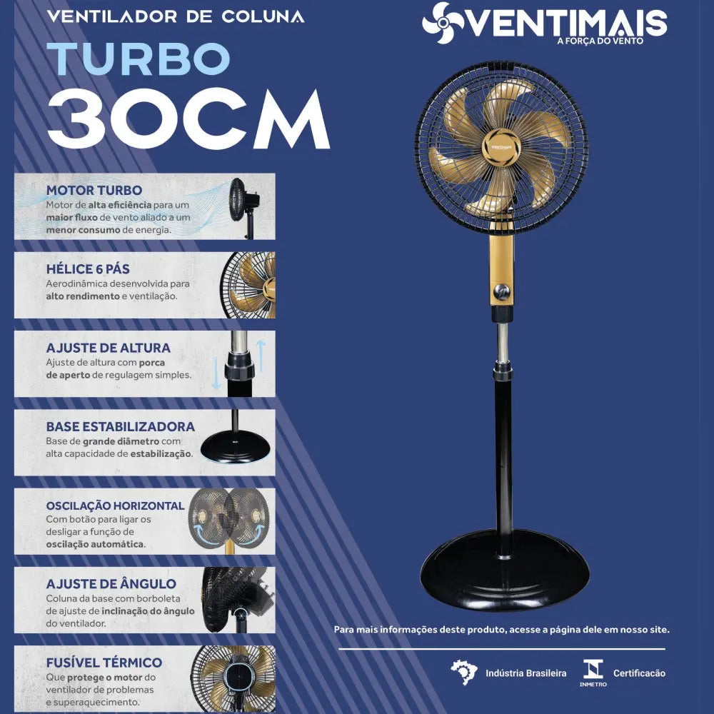 Ventilador Pedestal Coluna Pé Osc 30cm Turbo 220v Ventimais Preto Marrom-claro Plástico 6